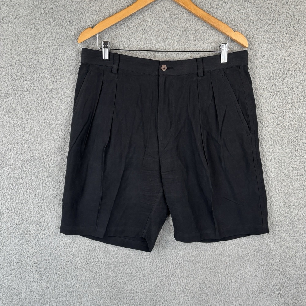 Tommy Bahama Shorts Mens 34 Black 100% Silk Pleated Relax Dress Resort Casual